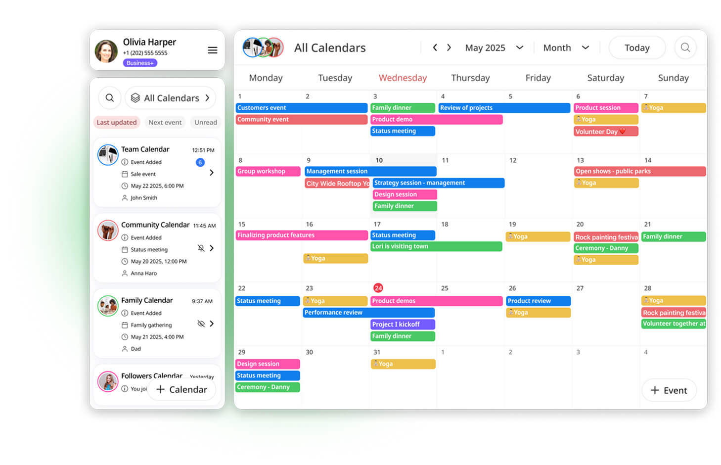 A central dashboard showing multiple color-coded calendars managed in one place.