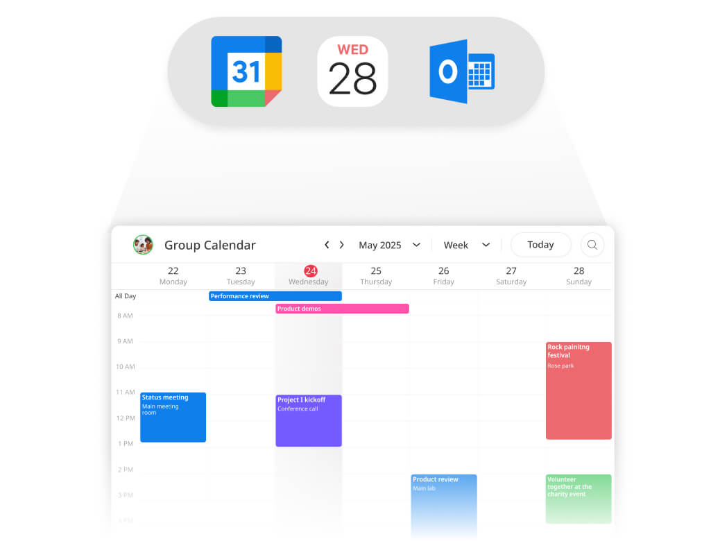 Integration logos for Google Calendar, Outlook, and iCloud.
