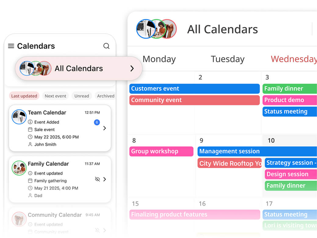 A unified calendar view showing events from multiple calendars at once.