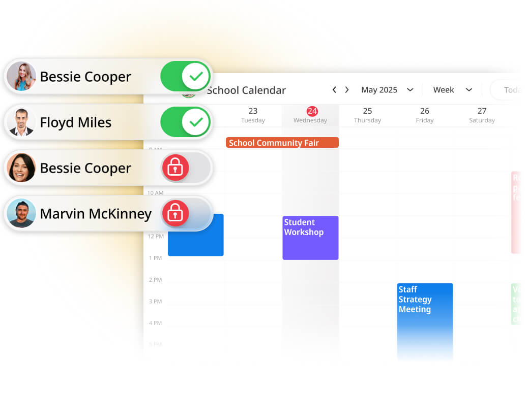 GroupCal interface showing advanced permission settings for education institutes schedules.