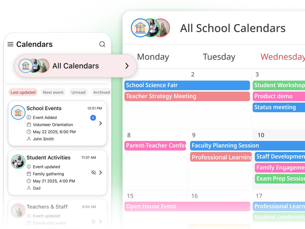 GroupCal interface showing management of all education institute schedules.