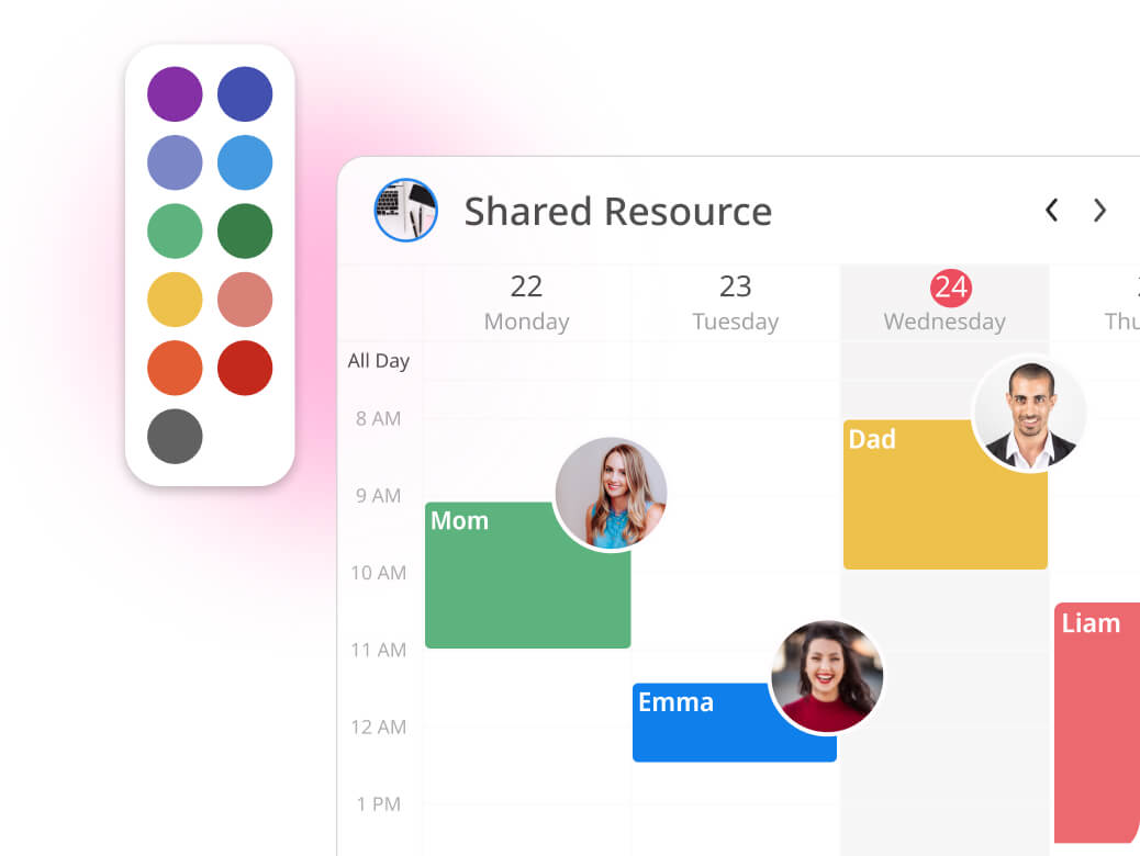 GroupCal interface showing family members' events organized by colors and photos.