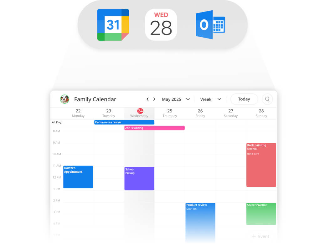 GroupCal interface showing how to integrate personal calendars such as Google, Outlook, and iCloud.