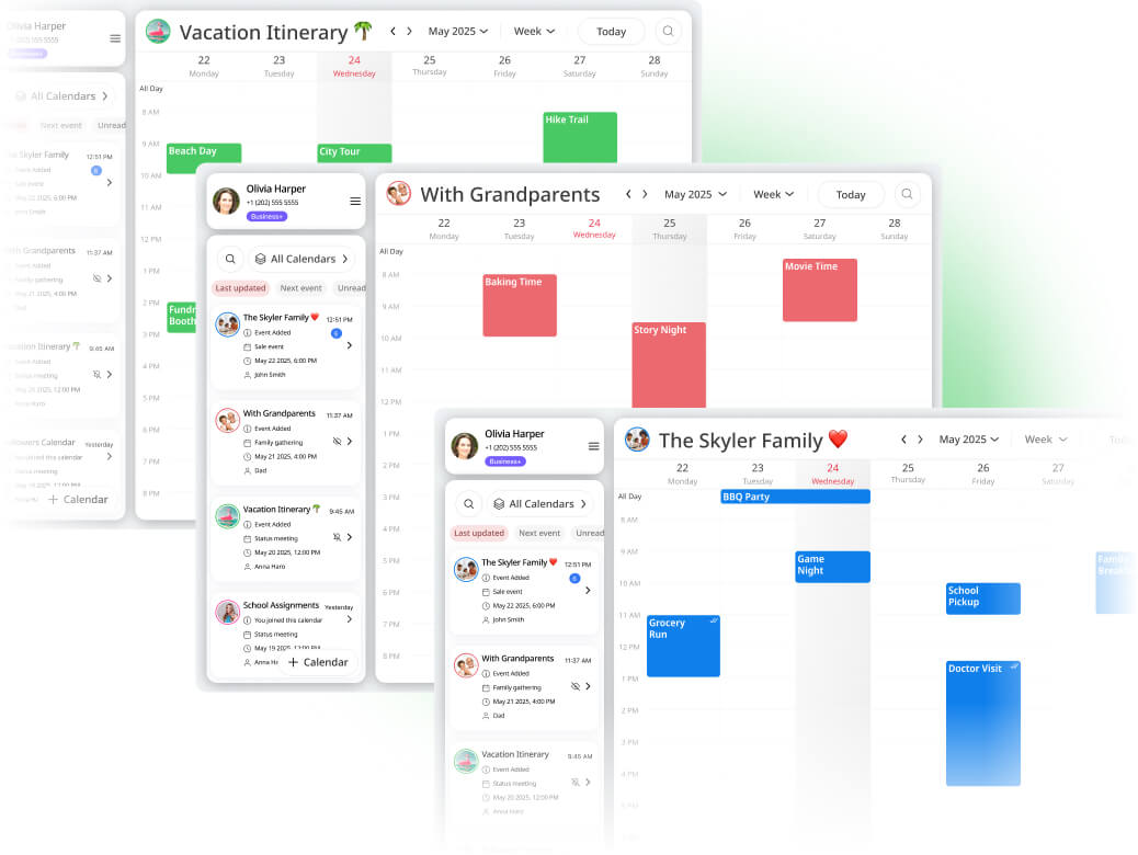 GroupCal interface showing multiple shared calendars for different family needs.