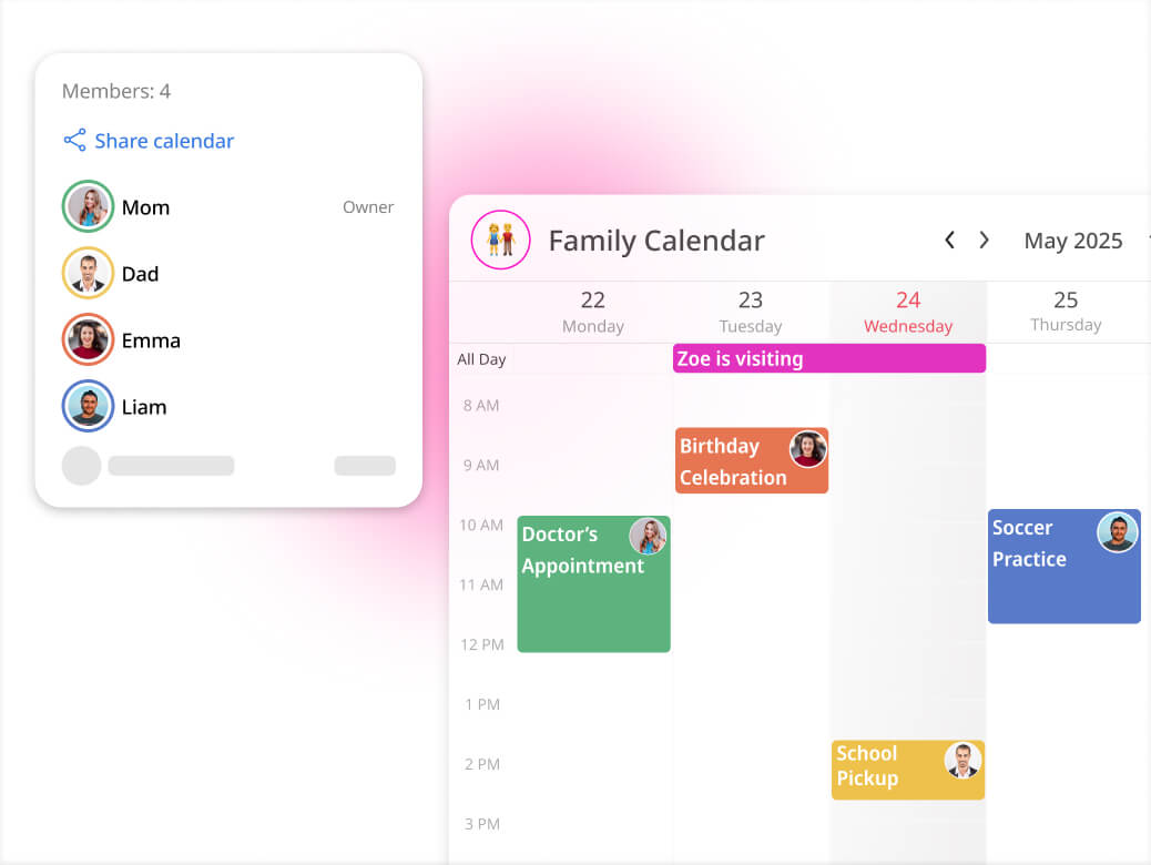 GroupCal shared calendar showing a calendar for family events.