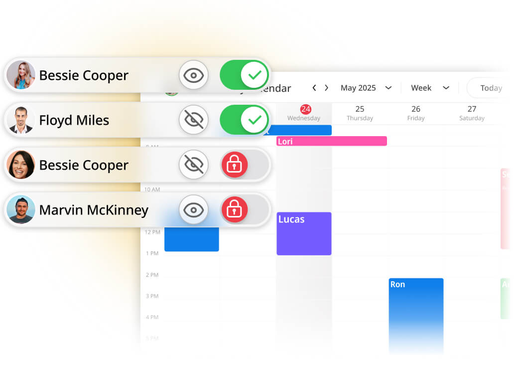 GroupCal interface showing advanced permission settings for resource scheduling.