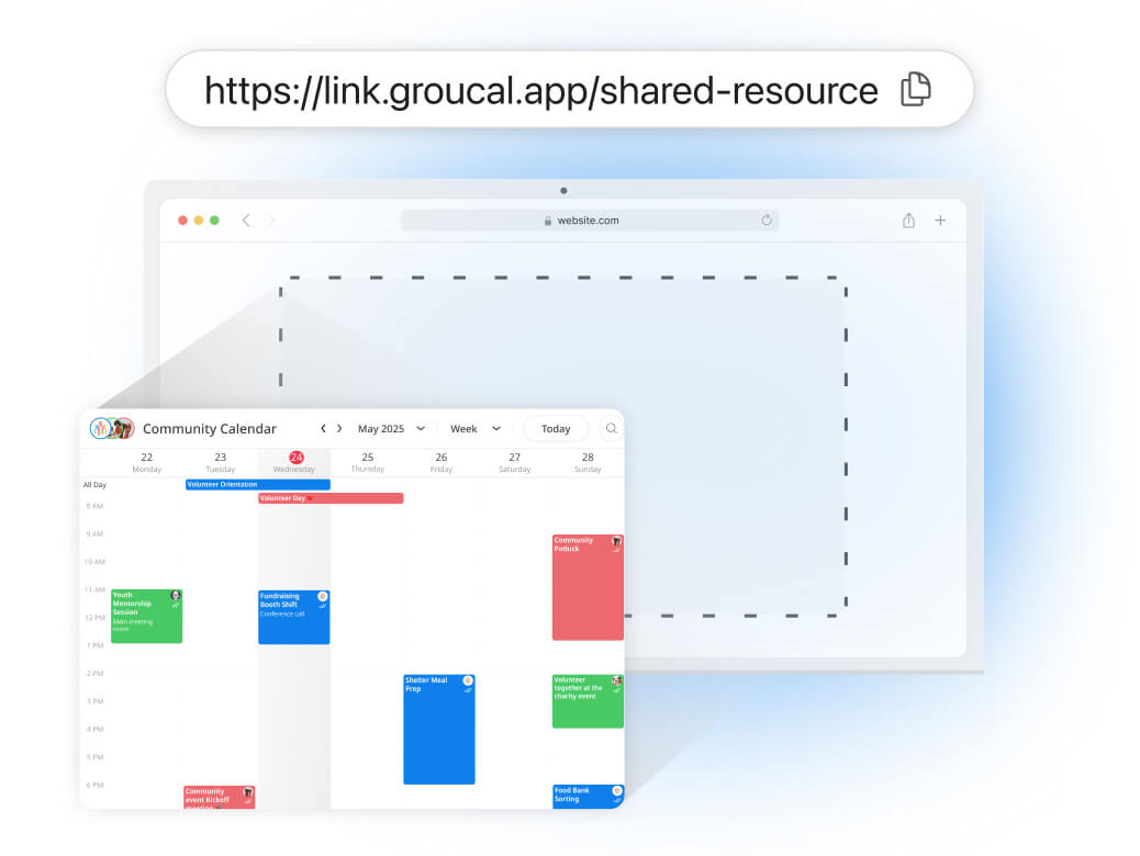 GroupCal interface showing how to publish and embed resource calendars on a website.