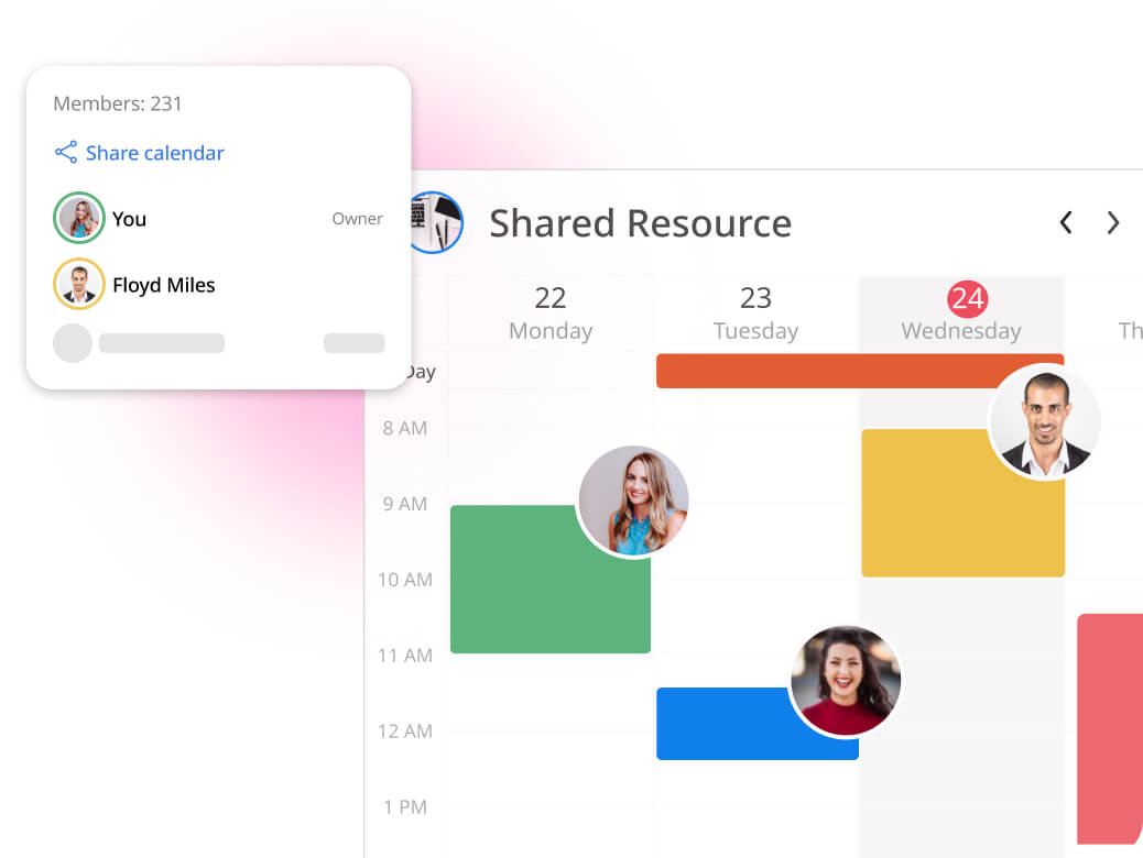 GroupCal shared calendar showing a calendar for a meeting room with events and availability.