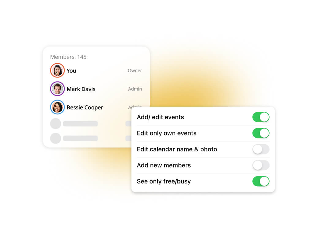 Advanced permission settings in the GroupCal app.