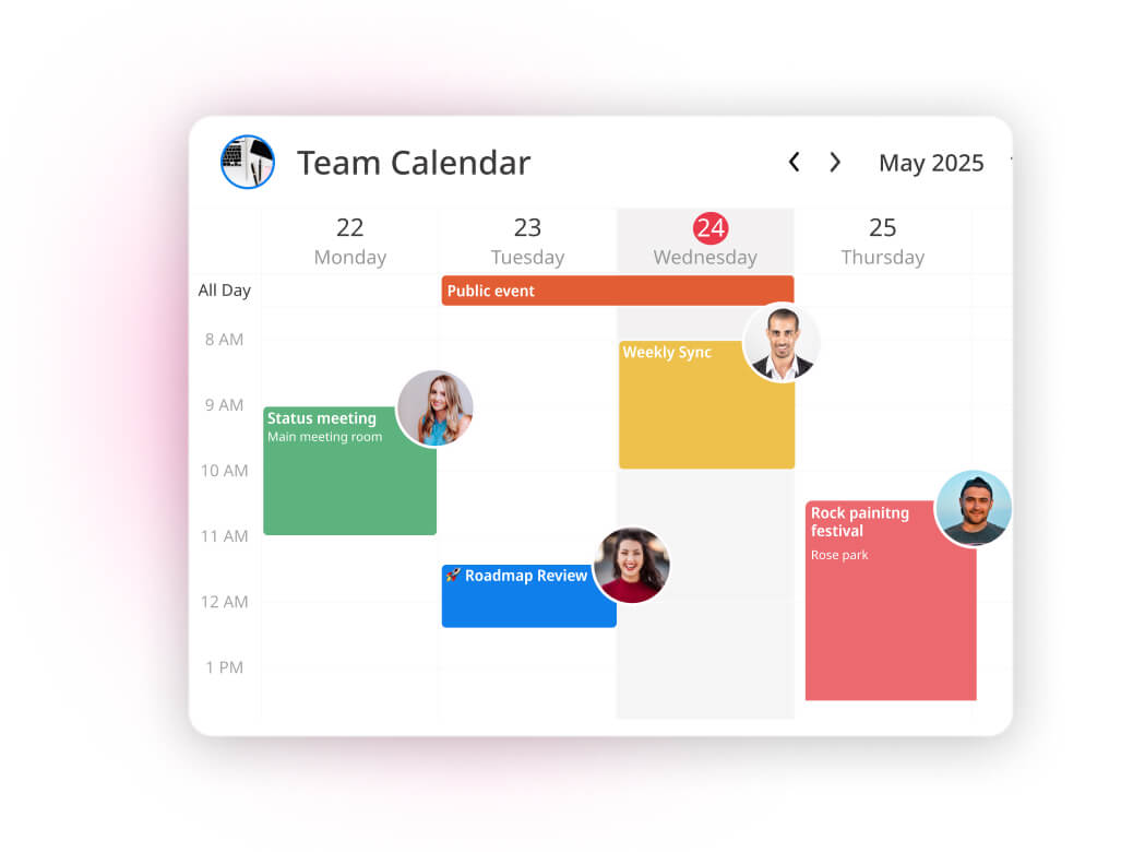 GroupCal shared calendar showing team sync feature.