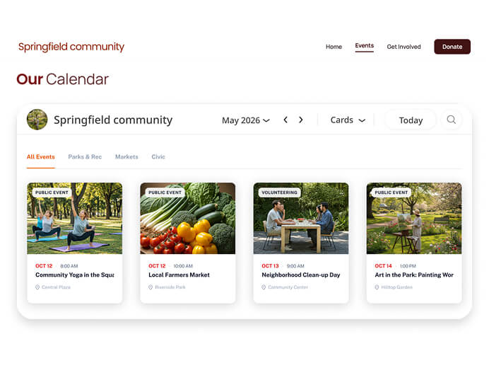 Visual event feed using card layout for community calendars.