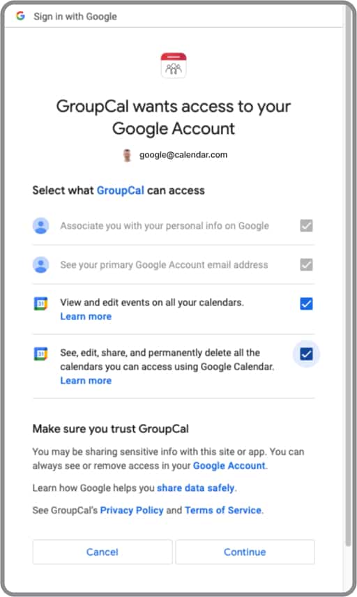 GroupCal - Google Calendar permission dialog