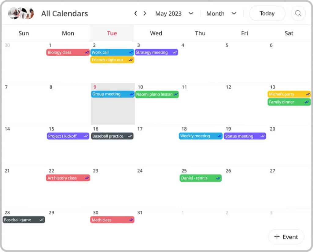 GroupCal Web - Calendar view section on the main screen