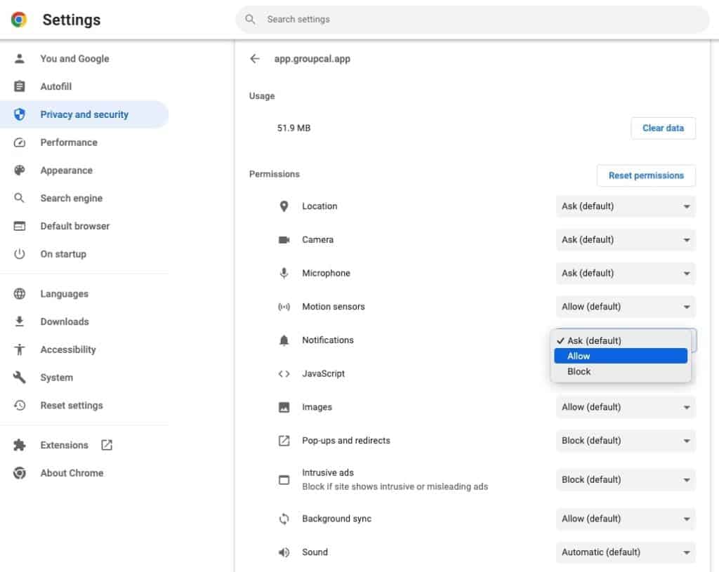 GroupCal - manage notifications