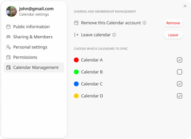 Calendar Settings screen - Calendar Management menu