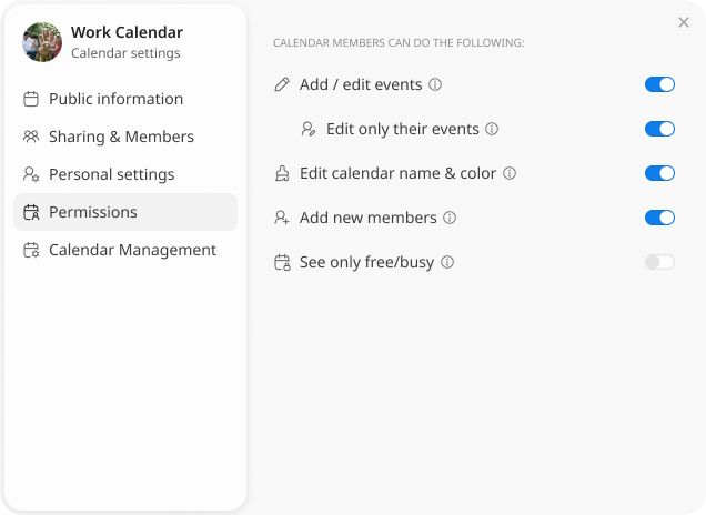 Calendar Settings screen - Permissions menu