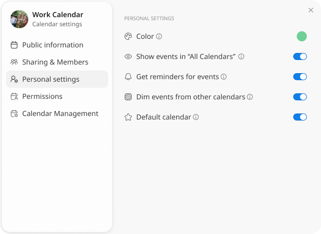 Calendar Settings screen - Personal Settings menu