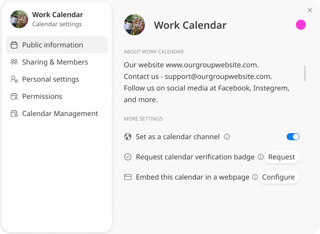 The Calendar settings screen
