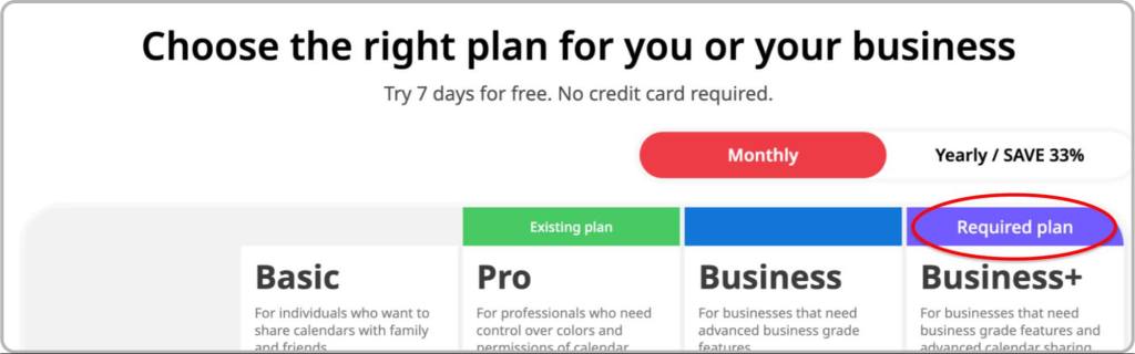 GroupCal Purchase screen - required plan indication