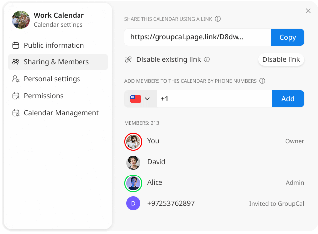 Calendar Settings screen - Sharing & Members menu