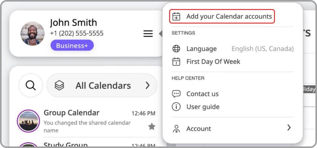 Menu option to start connecting a personal account