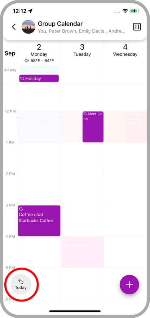 Back to today button - GroupCal mobile app