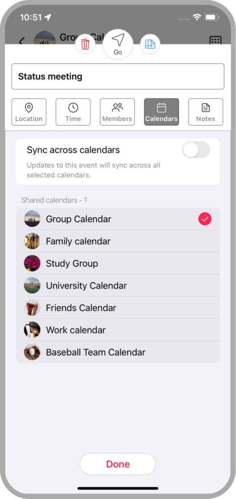 The Calendars section of the Event Details screen