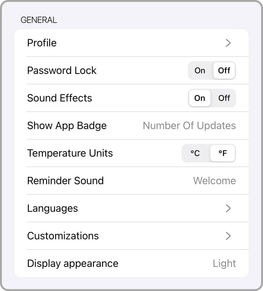 Settings - General section