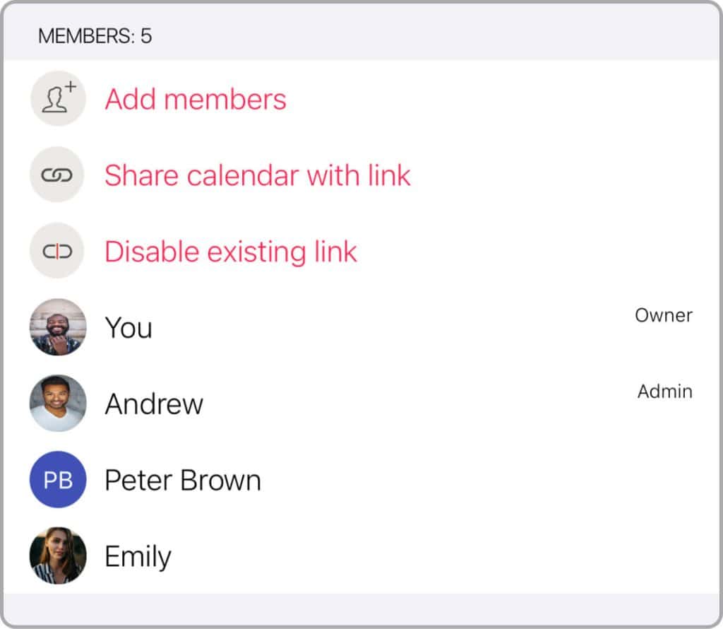 GroupCal - Calendar Details screen - Members section