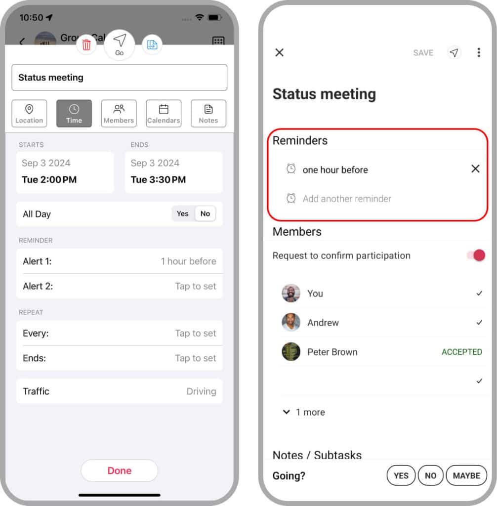 The Reminders section of the Event Details screen