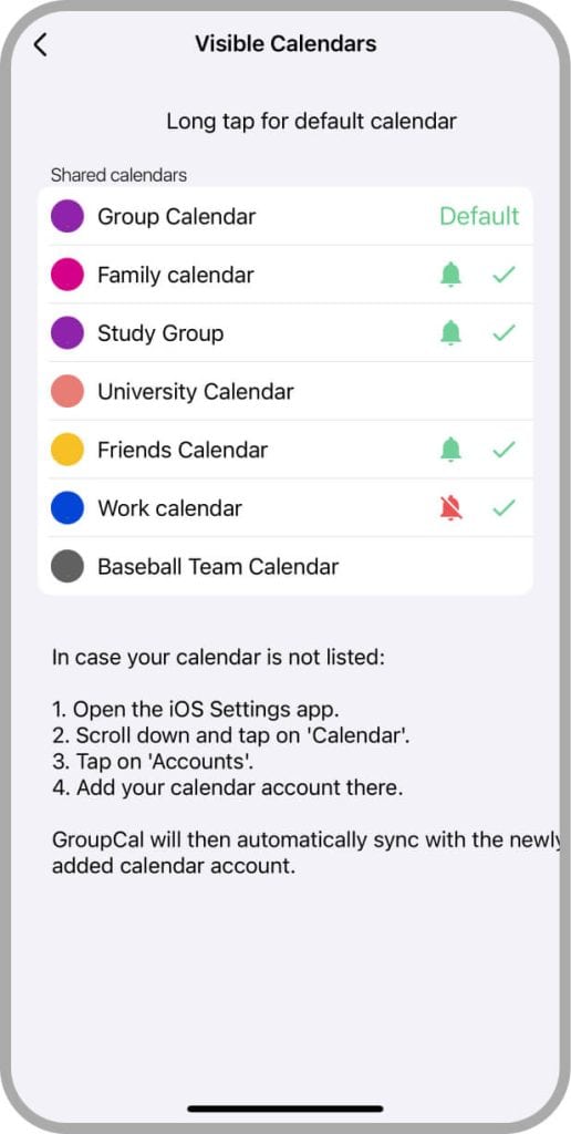 The Visible Calendars screen