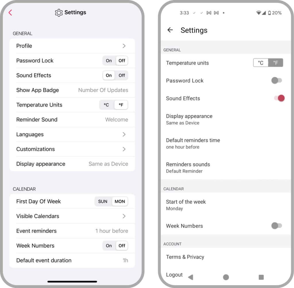 The Settings screen