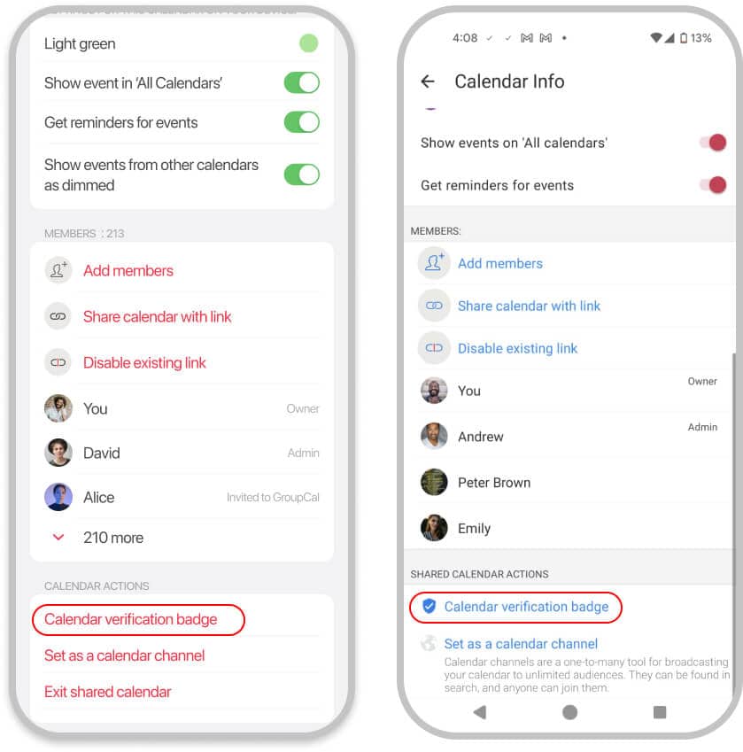 Calendar details screen - apply for a calendar verification badge