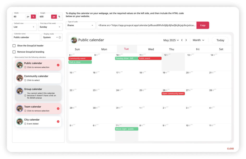 Embed GroupCal calendars in your website