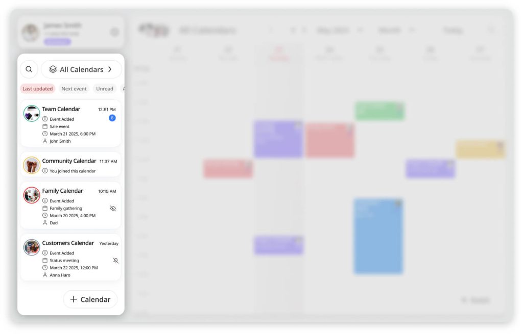 The Calendars List section in GroupCal