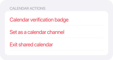 Calendar Settings screen - Calendar Actions section