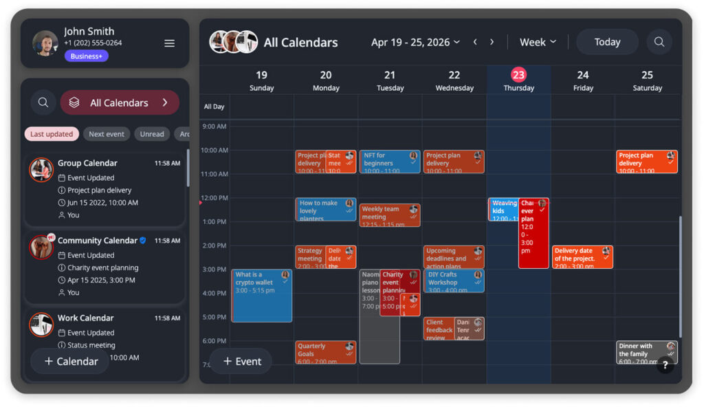 Full dashboard view of GroupCal in dark mode, featuring high-contrast color-coded calendar events and circular member profile photos.