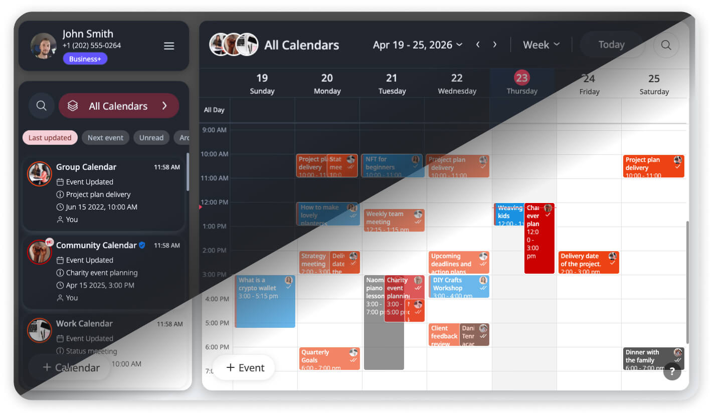 A split-screen comparison of the GroupCal web app: the left side shows light mode in a bright office setting, and the right side shows dark mode in a low-light environment.