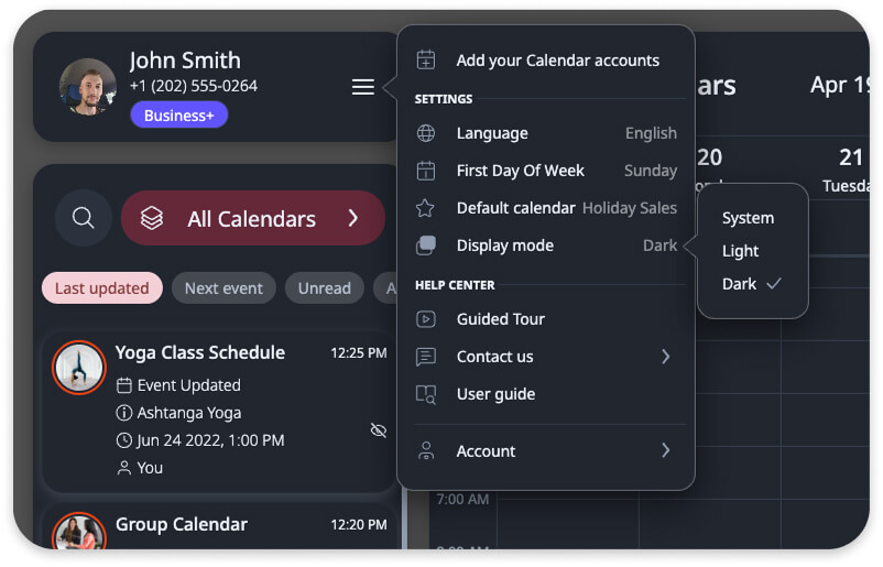 The GroupCal web app side menu open to the App Theme section, highlighting the selection buttons for System, Light, and Dark themes.