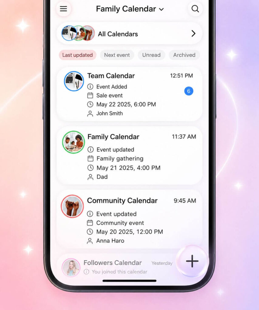 GroupCal shared calendar with Liquid Glass design on iOS 27