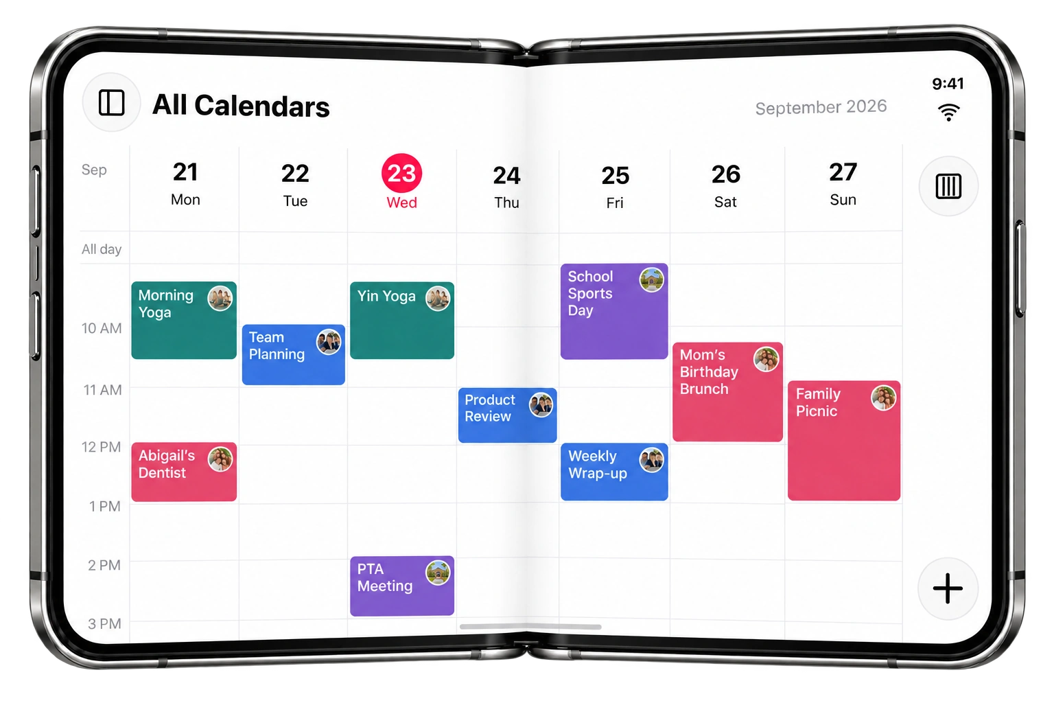 GroupCal shared weekly calendar displayed inside an open iPhone Duo mockup
