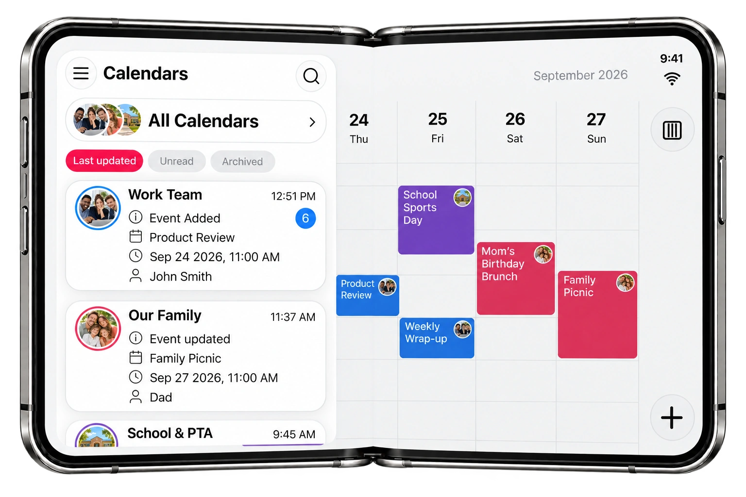 GroupCal shared calendars and recent group updates displayed inside an open iPhone Duo mockup