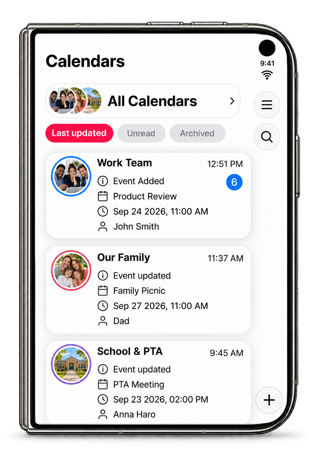 GroupCal Calendars home with shared groups and recent updates on the closed iPhone Duo