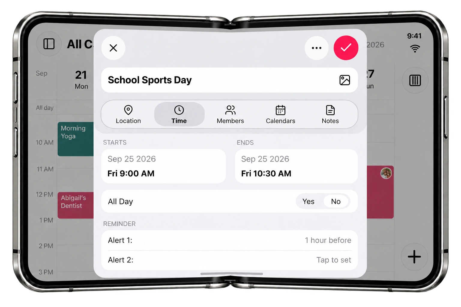 School Sports Day shared event details displayed inside an open iPhone Duo mockup
