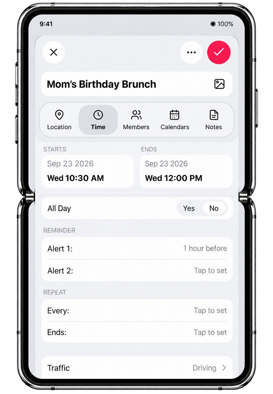 GroupCal event editor displayed inside an unfolded iPhone Duo mockup in portrait orientation