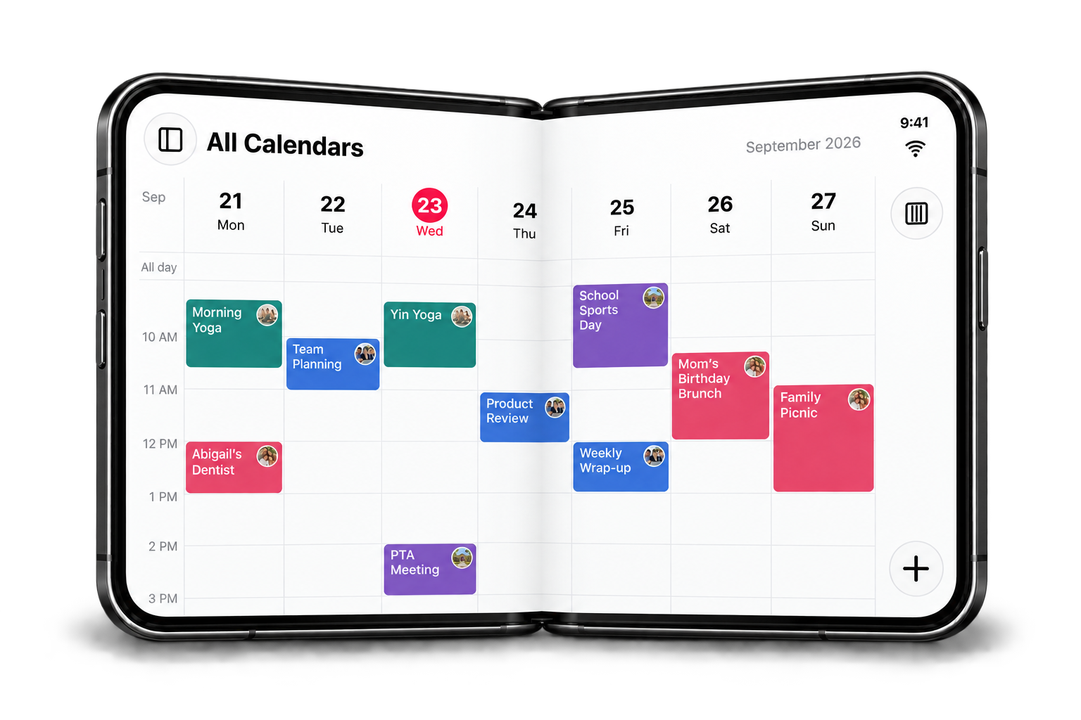 GroupCal shared calendar on a partially folded iPhone Duo with family, team, and community events